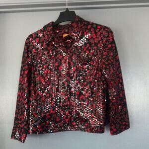 Ruby Rd Sz 12 Shiny Red Black Jacket Button Front Pockets 3/4 Sleeve